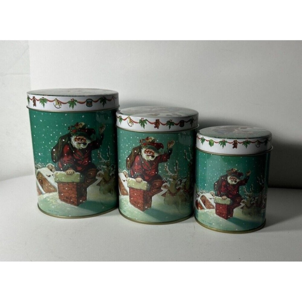 Nesting 3 Piece Christmas Tin Cylinder Canister Set Artique Santa Taiwan Green